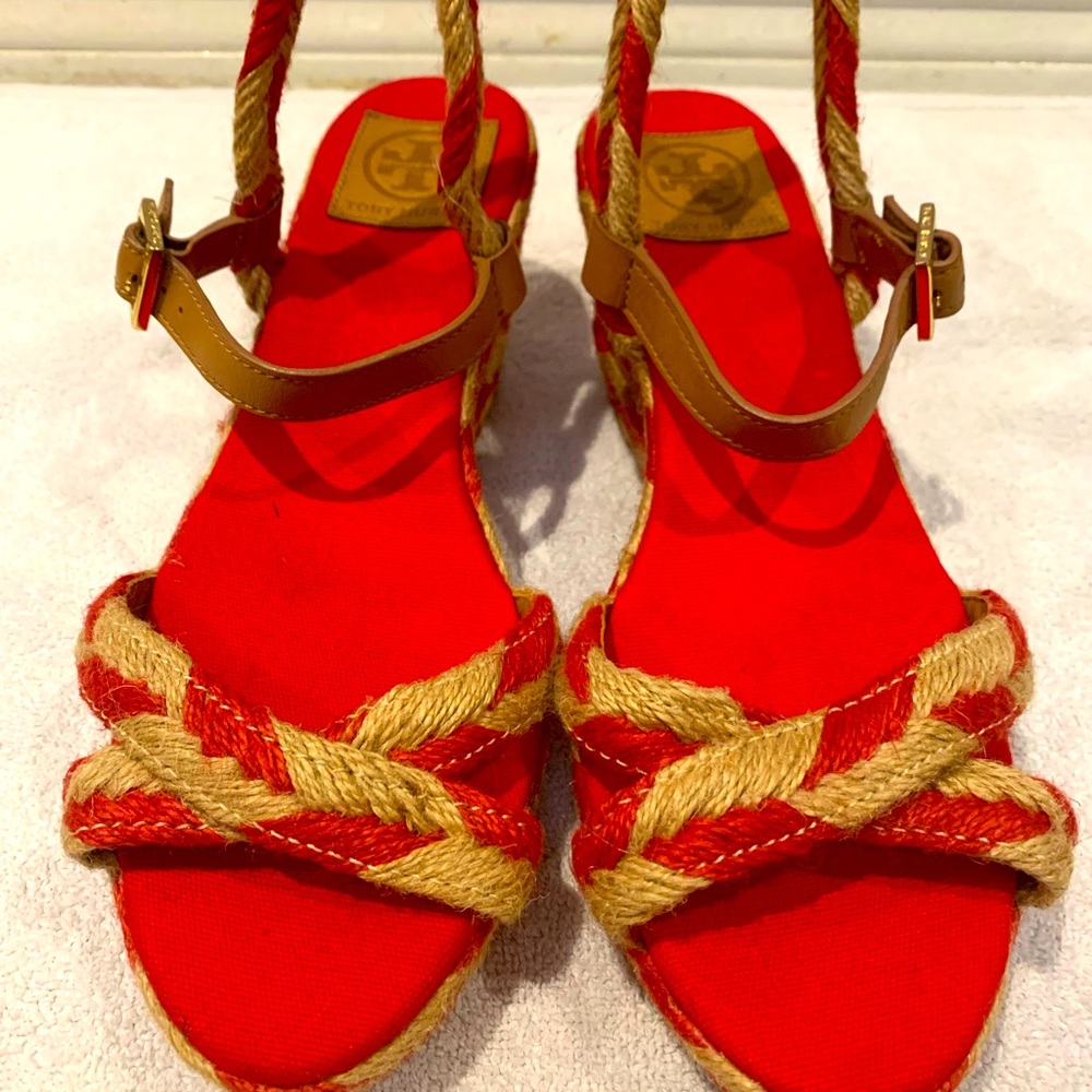 Tory Burch Camilla mod wedge woven espadrilles, red and natural sand color.